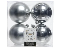 3.9” Shiny/Matte Silver Shatterproof Ornaments - Set of 4