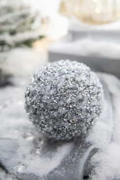 4” Silver Ice & Sequin Ball Ornament