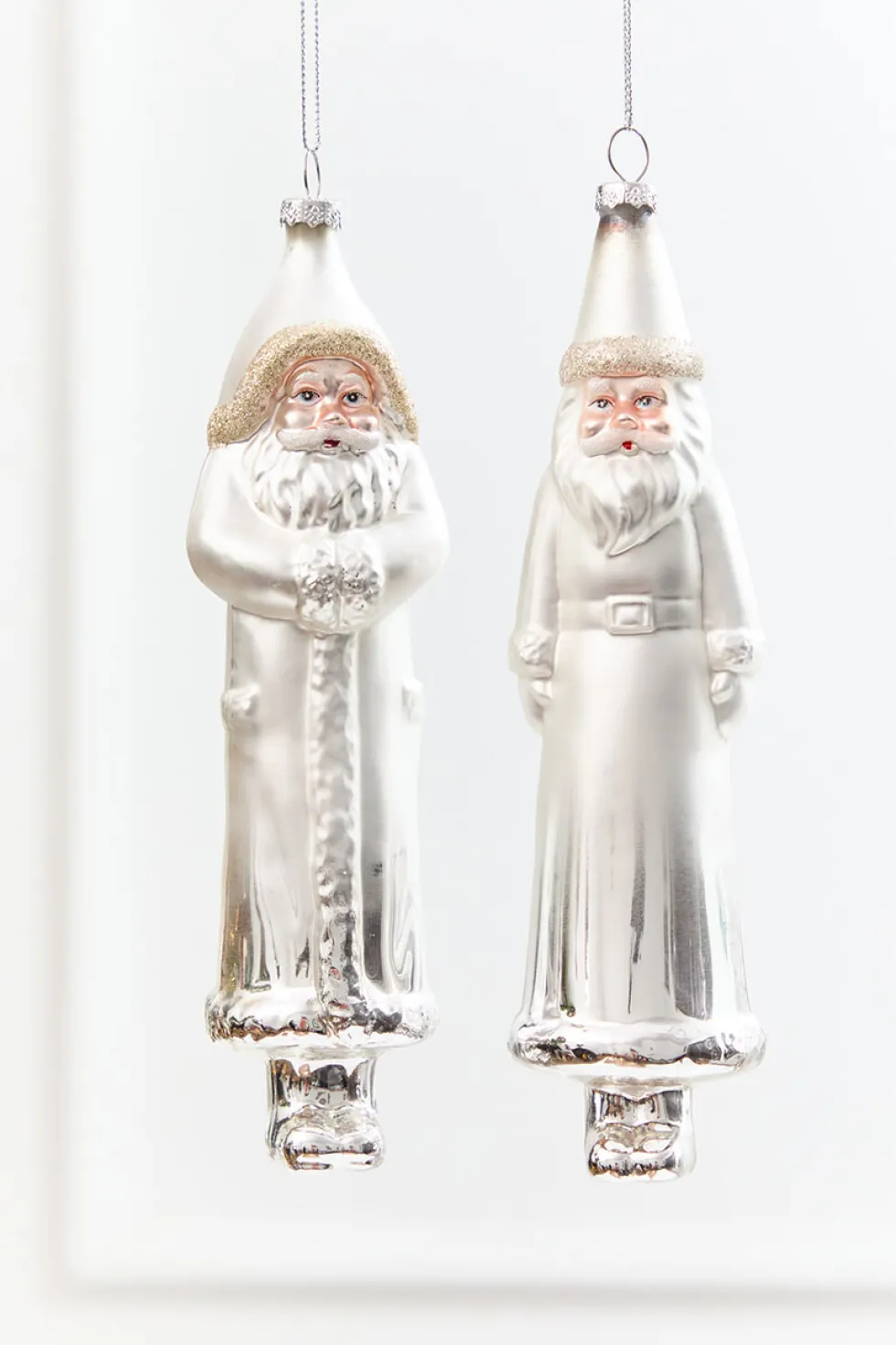 8" Silver & White Glass Santa Ornament