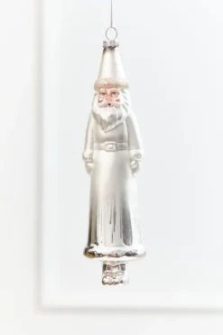 8" Silver & White Glass Santa Ornament