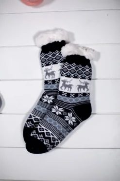 Snowflake Sparkle Deer Thermal Slipper Socks with Non-Slip Grippers