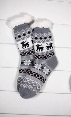 Snowflake Sparkle Deer Thermal Slipper Socks with Non-Slip Grippers