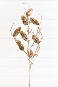 36" Snowy Golden Pinecone Spray