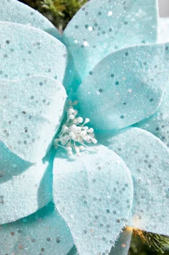 22" Teal with Sparkles Frosted Poinsettia Stem