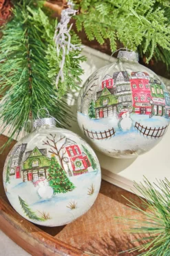 4" Village Scene Glass Ornament