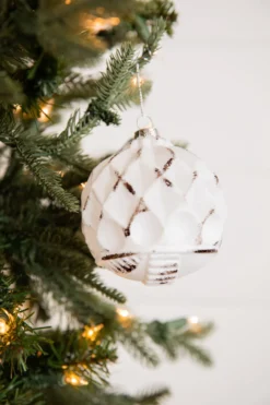 4” White and Black Glass Dotted/Striped/Quilted Ornament