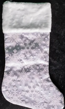 20” White Snowflake Glitter Print on Sheer Organza Stocking