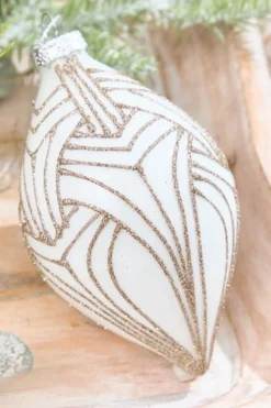 5" - 6" White With Champagne Glitter Art Deco Glass Ornament