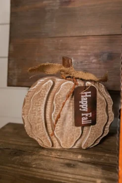 8” Wood Harvest Pumpkin with Burlap Bow and Berry Accents