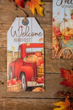 16” Wood Harvest Wall Hanging Decor Red Truck & Pumpkins