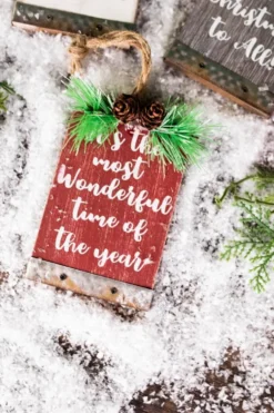 5” Wood Holiday Sign Ornament with Pinecone Accent