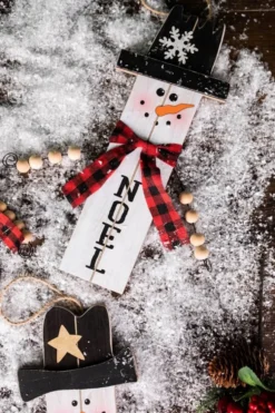 11.8” Wood Snowman with Buffalo Check Plaid Scarf Ornament