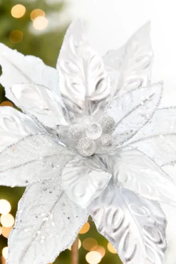 24" x 10" Silver Glitter Edge & Bead Poinsettia Stem
