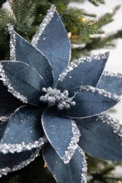 22” x 12.5" Velvet Glitter Poinsettia Stem - Blue and Grey