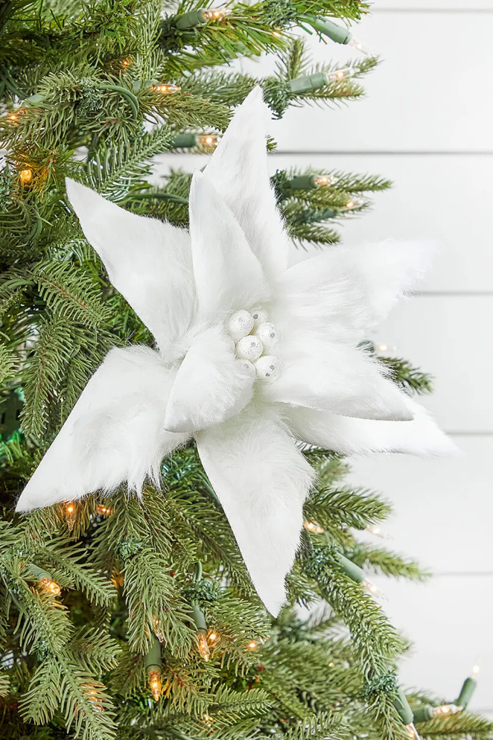 22" x 12" White Fur Jewel Poinsettia Stem