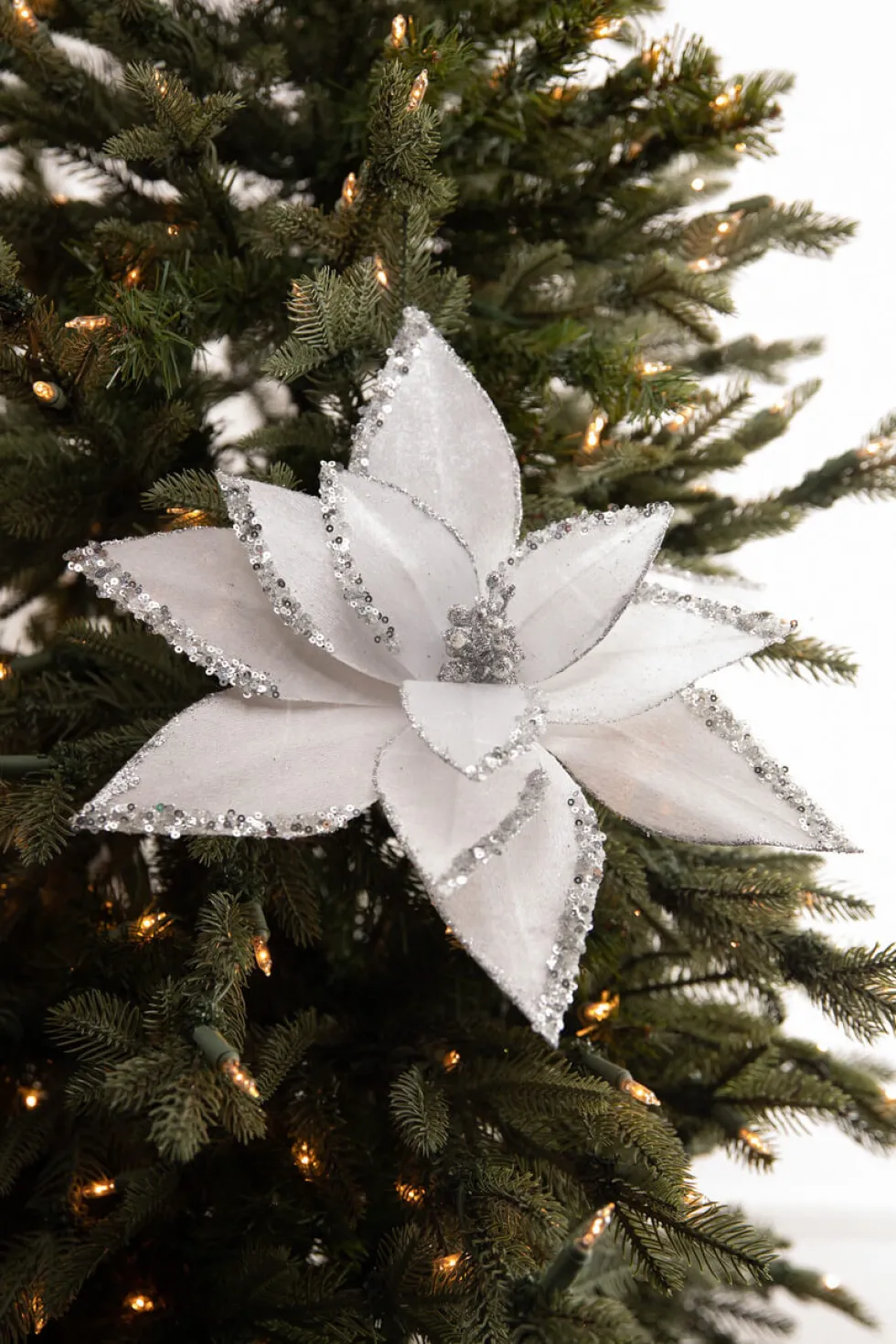 22” x 12" White Velvet Glitter Poinsettia Stem