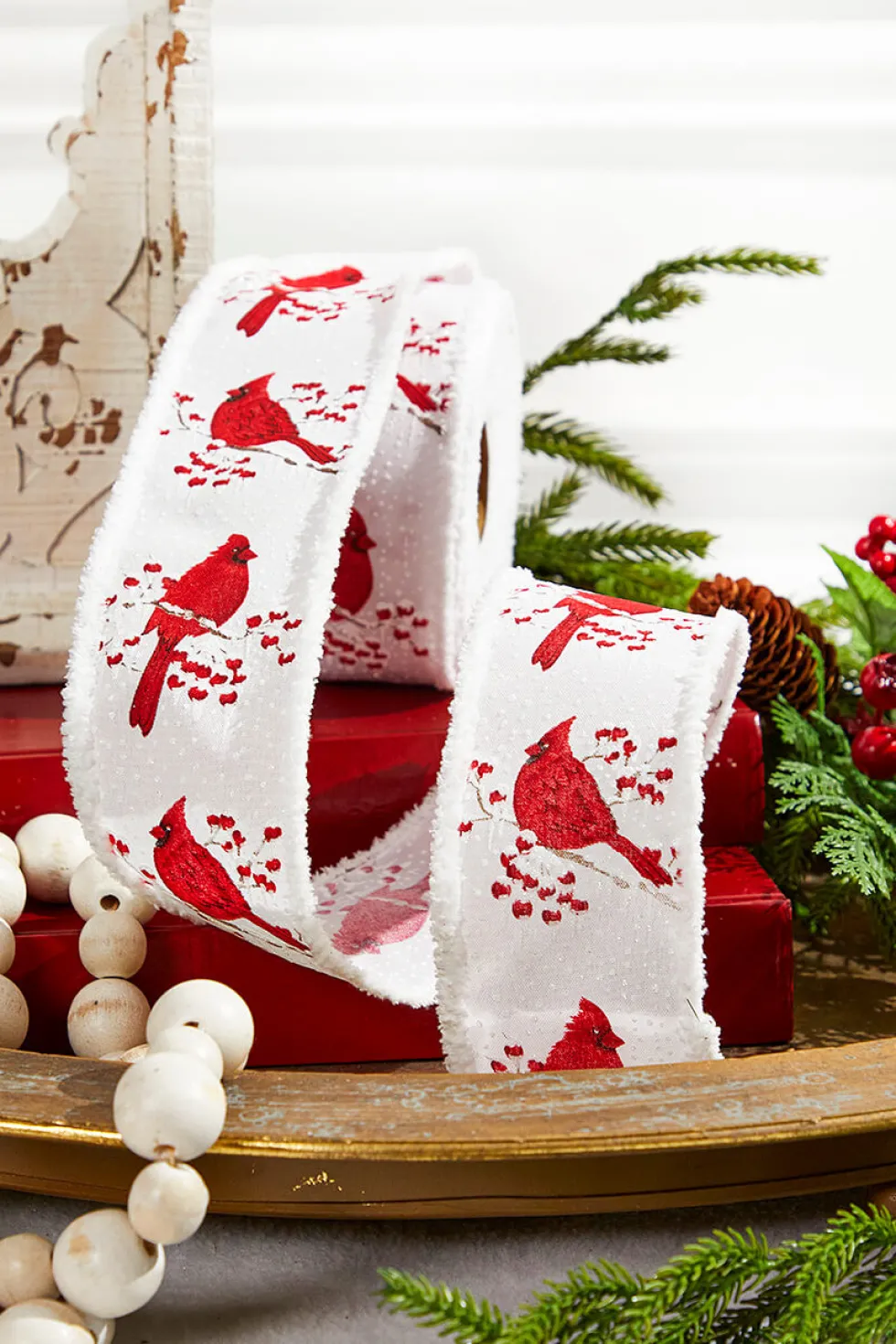 2.5" x 10 Yard Cardinal/Branch/Berry/Drift - White and Red