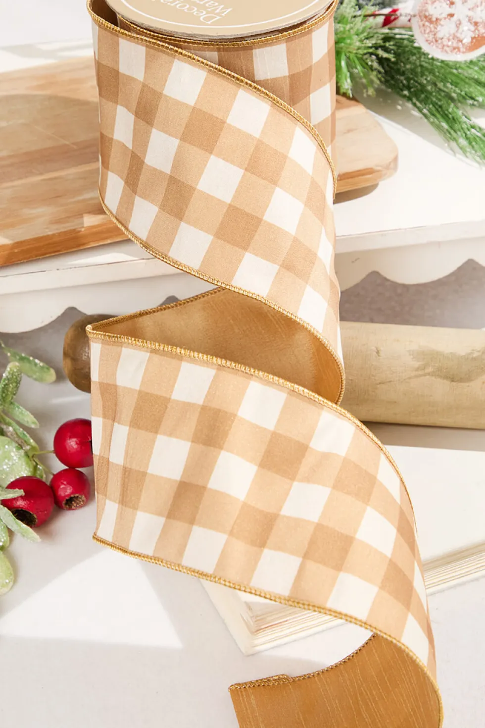 4" x 10 Yard Gingerbread Gingham Plaid Ribbon