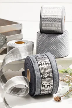 4” x 10 Yard Gray Wool Edge Scandinavian Center Stripe Ribbon