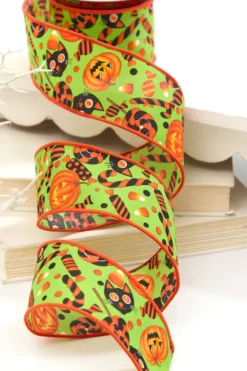 2.5" x 10 Yard Green & Orange Pumpkin, Cat & Candy Halloween Ribbon