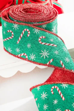 4" x 10 Yard Green/Red Candy Cane Jacquard Ribbon
