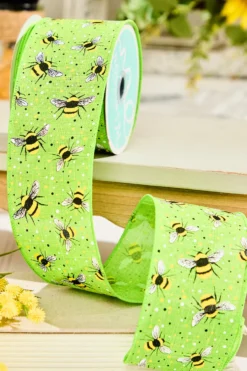 2.5" x 10 Yard Green Ribbon with Bees And Speckles