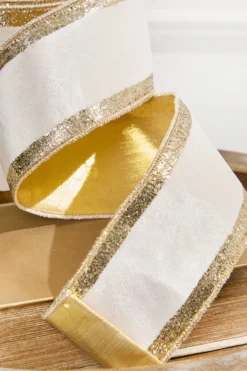 4" x 10 Yard Ivory Velvet with Gold Stripe Ribbon