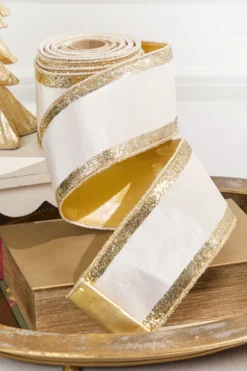 4" x 10 Yard Ivory Velvet with Gold Stripe Ribbon