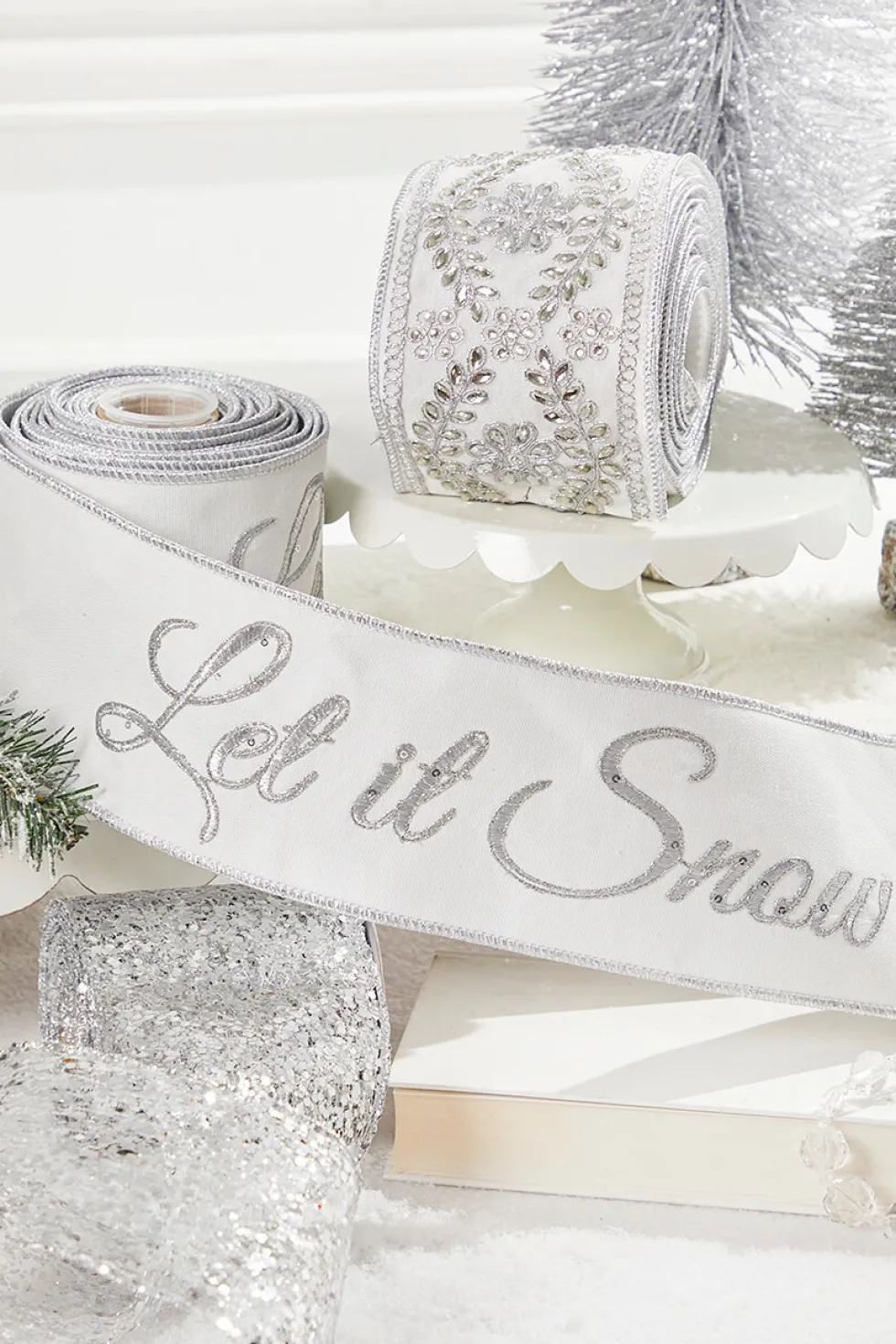 4" x 5 Yard Let It Snow White Embroidered Ribbon