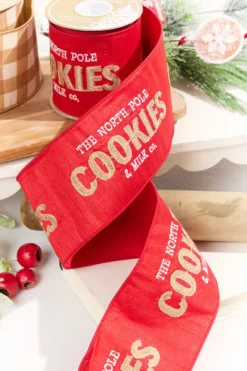 4" x 5 Yard North Pole Cookies & Milk Co. Embroidered Red