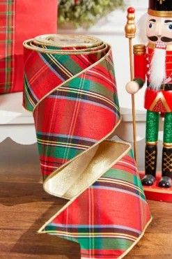 4" x 10 Yard Nutcracker Plaid Dupioni Double Backed Wired Ribbon - Red