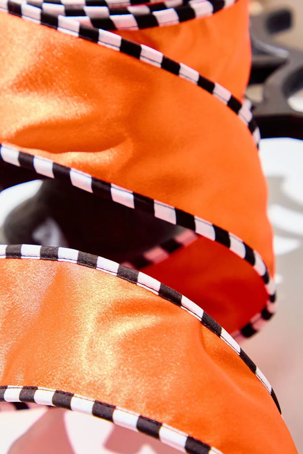 2.5" x 10 Yard Orange Satin with Black & White Piping Ribbon