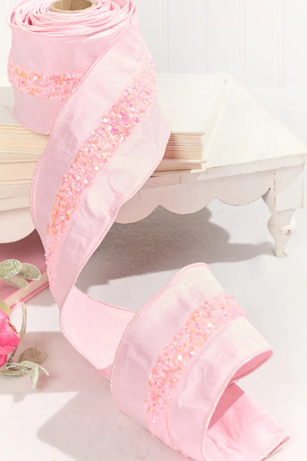 4" x 5 Yard Pink Embellished Center Ribbon