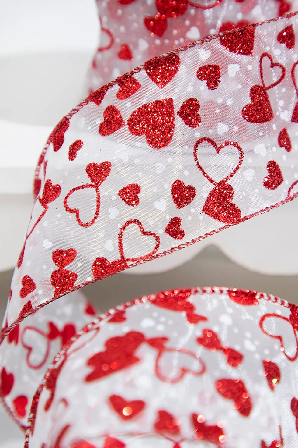 2.5" X 10 Yard Red Glitter Heart Sheer White Ribbon
