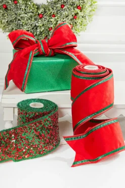 4” x 5 Yard Red & Green Piping Velvet Metallic Dupion Ribbon