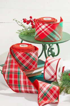 4" x 10 Yard Red/Green/White Holiday Plaid Dupioni Ribbon
