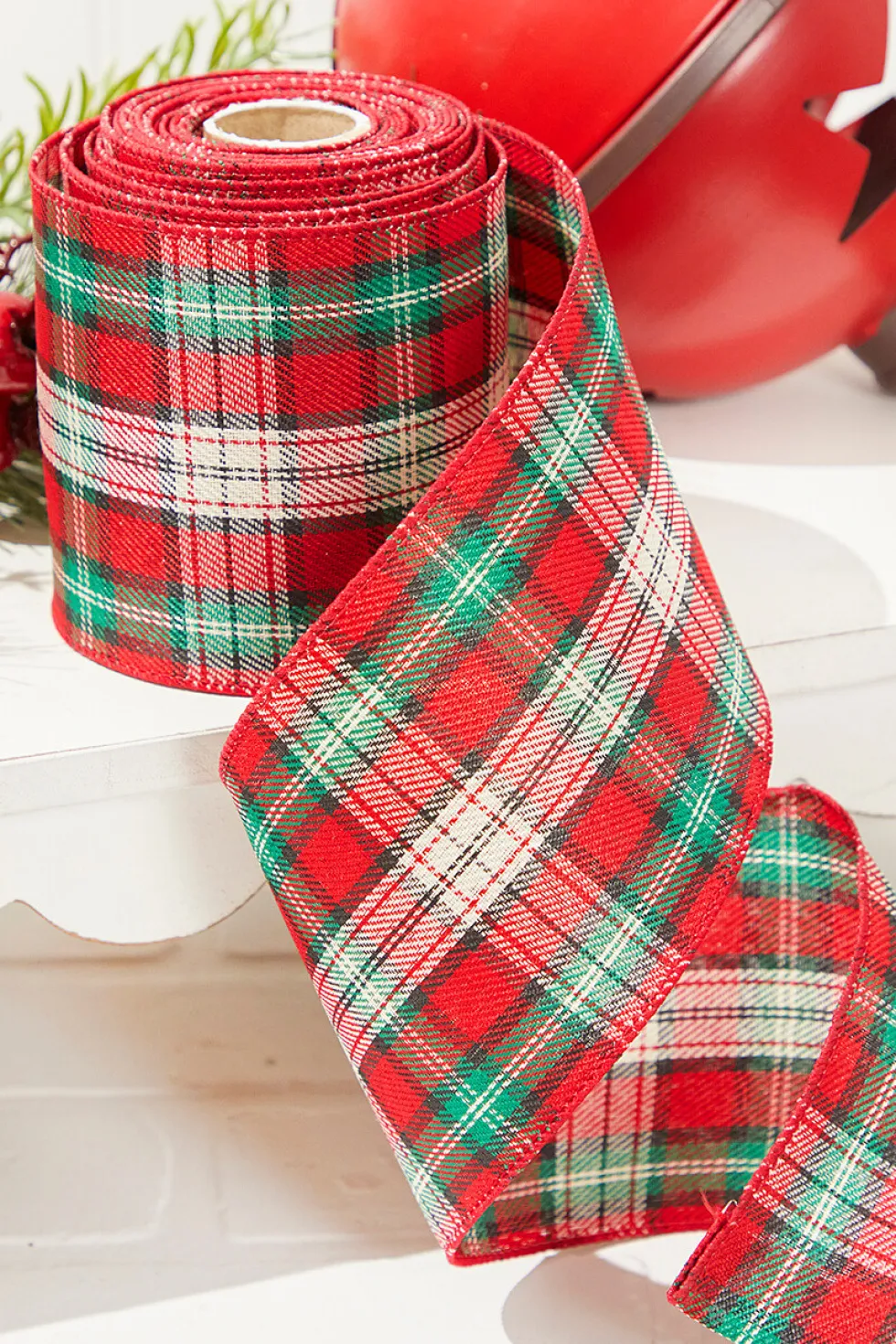 4" x 10 Yard Red/Green/White Plaid Ribbon