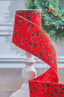 4" x 10 Yard Red Velvet With Vine Wired Ribbon