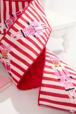 4" x 5 Yard Red & White Stripe with Embroidered Nutcracker Ribbon