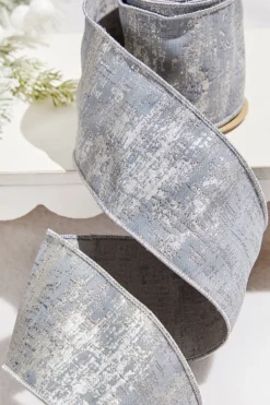 4" x 5 Yard Silver Jacquard Dupion Ribbon
