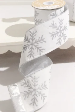 4" x 10 Yard White Velvet with Silver Snowflake Ribbon